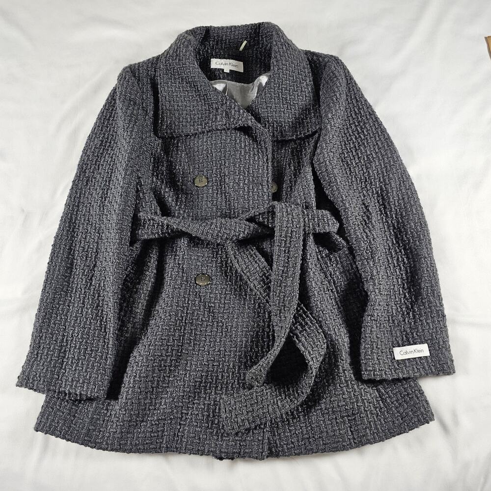 NWT Calvin Klein Gray Wool Waffle-Textured Double Breasted Lined Coat Size L